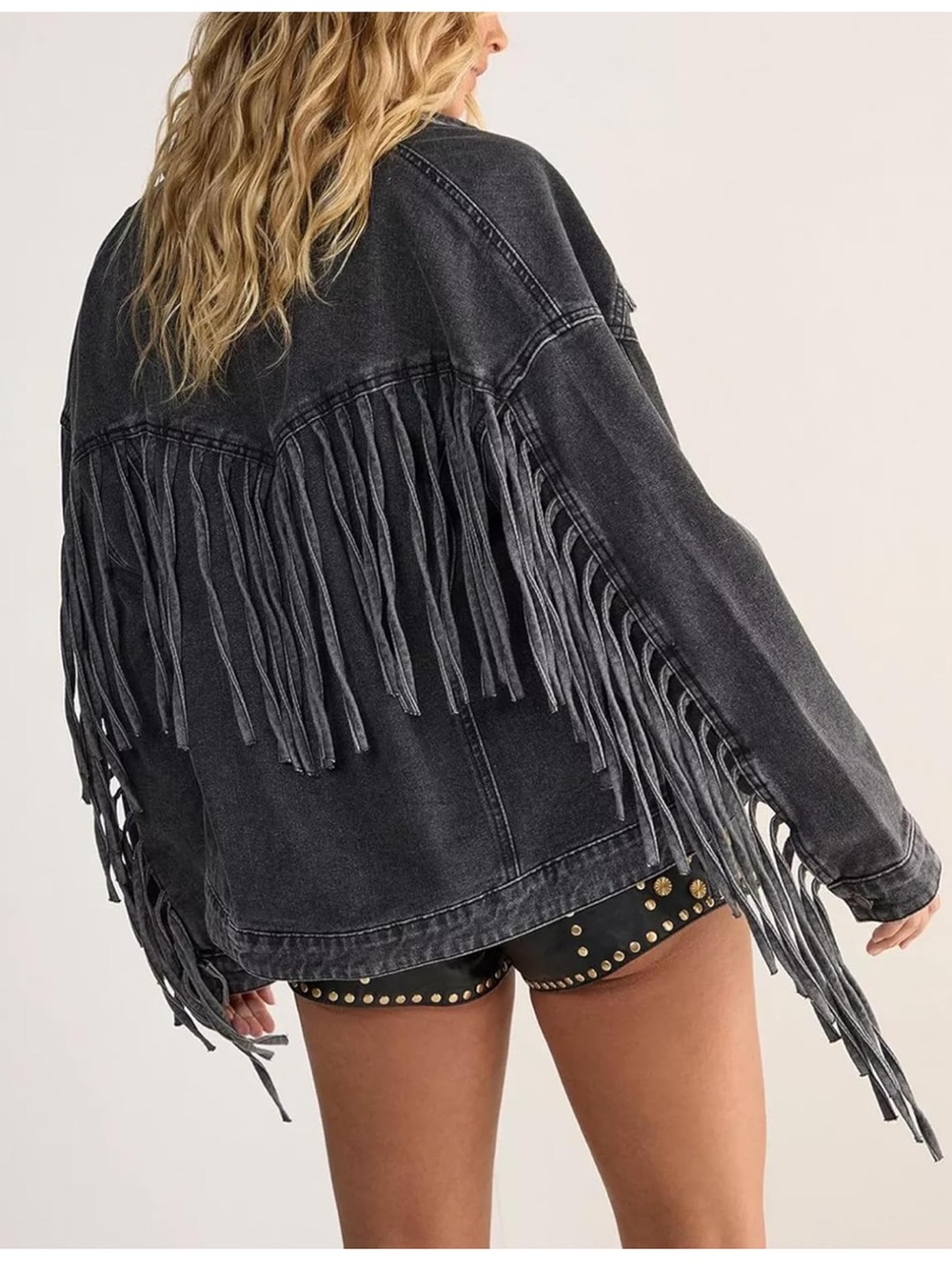Fringe Denim Jacket - Black Washed